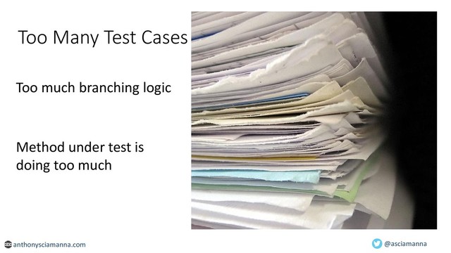 Too Many Test Cases
Too much branching logic
Method under test is
doing too much
@asciamanna
anthonysciamanna.com
