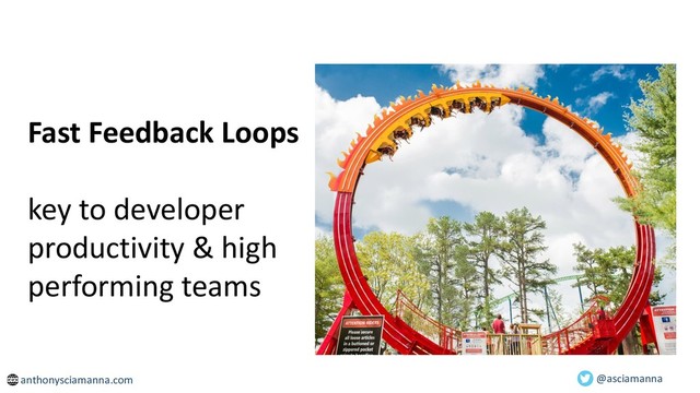 Fast Feedback Loops
key to developer
productivity & high
performing teams
@asciamanna
anthonysciamanna.com
