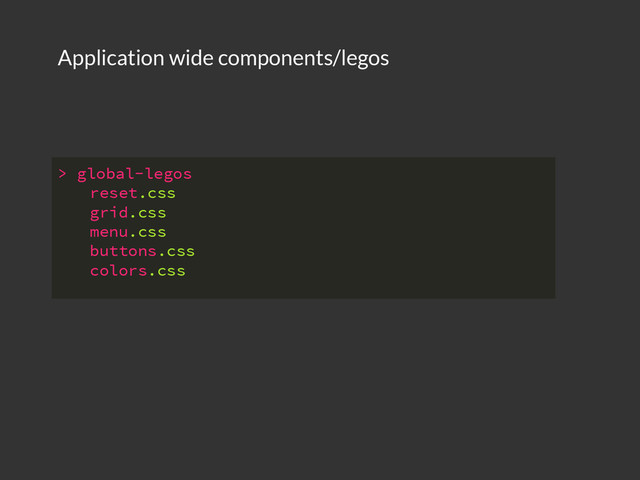 > global-legos
reset.css
grid.css
menu.css
buttons.css
colors.css
Application wide components/legos
