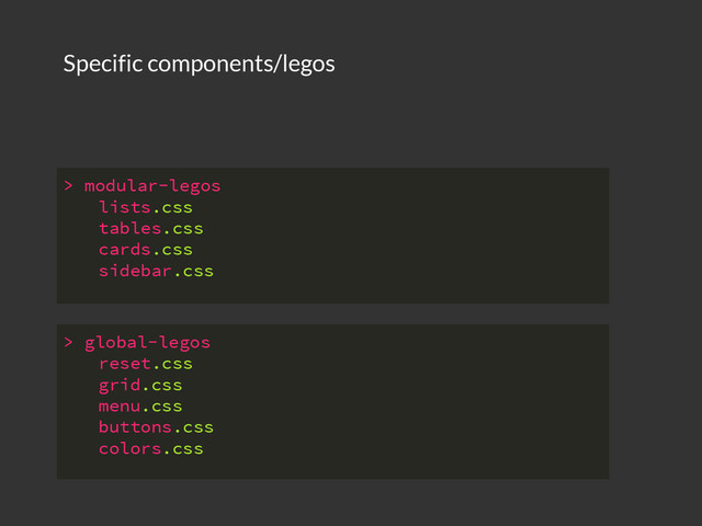 > modular-legos
lists.css
tables.css
cards.css
sidebar.css
Specific components/legos
> global-legos
reset.css
grid.css
menu.css
buttons.css
colors.css
