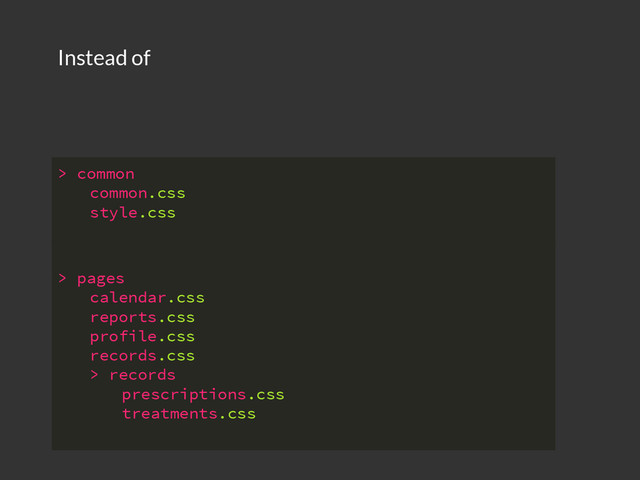 Instead of
> common
common.css
style.css
> pages
calendar.css
reports.css
profile.css
records.css
> records
prescriptions.css
treatments.css
