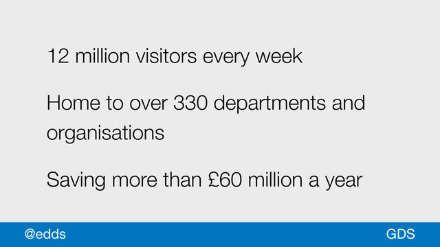 GDS
@edds
12 million visitors every week
Home to over 330 departments and
organisations
Saving more than £60 million a year
