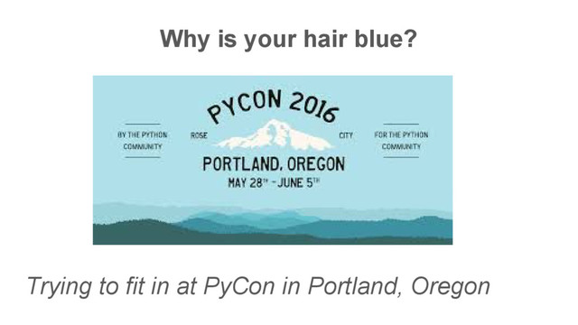 Why is your hair blue?
Trying to fit in at PyCon in Portland, Oregon
