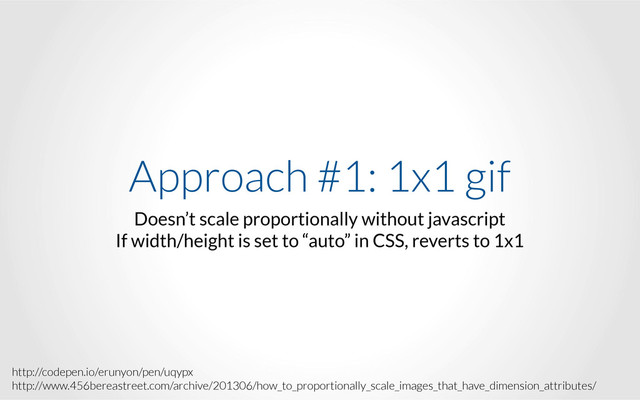 Approach #1: 1x1 gif
Doesn’t scale proportionally without javascript
If width/height is set to “auto” in CSS, reverts to 1x1
http://codepen.io/erunyon/pen/uqypx
http://www.456bereastreet.com/archive/201306/how_to_proportionally_scale_images_that_have_dimension_attributes/
