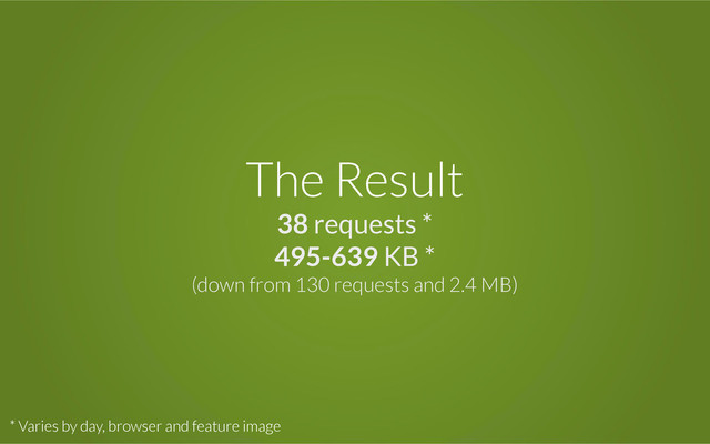 The Result
38 requests *
495-639 KB *
(down from 130 requests and 2.4 MB)
* Varies by day, browser and feature image
