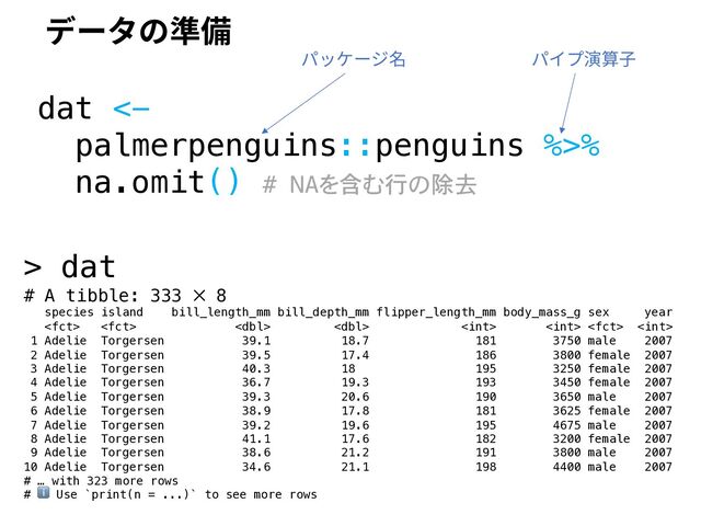 dat <-
palmerpenguins::penguins %>%
na.omit() # NAを含む行の除去
パイプ演算⼦
パッケージ名
> dat
# A tibble: 333 × 8
species island bill_length_mm bill_depth_mm flipper_length_mm body_mass_g sex year
       
1 Adelie Torgersen 39.1 18.7 181 3750 male 2007
2 Adelie Torgersen 39.5 17.4 186 3800 female 2007
3 Adelie Torgersen 40.3 18 195 3250 female 2007
4 Adelie Torgersen 36.7 19.3 193 3450 female 2007
5 Adelie Torgersen 39.3 20.6 190 3650 male 2007
6 Adelie Torgersen 38.9 17.8 181 3625 female 2007
7 Adelie Torgersen 39.2 19.6 195 4675 male 2007
8 Adelie Torgersen 41.1 17.6 182 3200 female 2007
9 Adelie Torgersen 38.6 21.2 191 3800 male 2007
10 Adelie Torgersen 34.6 21.1 198 4400 male 2007
# … with 323 more rows
# ℹ Use `print(n = ...)` to see more rows
データの準備
