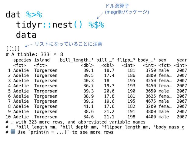 dat %>%
tidyr::nest() %$%
data
[[1]]
# A tibble: 333 × 8
species island bill_length…¹ bill_…² flipp…³ body_…⁴ sex year
       
1 Adelie Torgersen 39.1 18.7 181 3750 male 2007
2 Adelie Torgersen 39.5 17.4 186 3800 fema… 2007
3 Adelie Torgersen 40.3 18 195 3250 fema… 2007
4 Adelie Torgersen 36.7 19.3 193 3450 fema… 2007
5 Adelie Torgersen 39.3 20.6 190 3650 male 2007
6 Adelie Torgersen 38.9 17.8 181 3625 fema… 2007
7 Adelie Torgersen 39.2 19.6 195 4675 male 2007
8 Adelie Torgersen 41.1 17.6 182 3200 fema… 2007
9 Adelie Torgersen 38.6 21.2 191 3800 male 2007
10 Adelie Torgersen 34.6 21.1 198 4400 male 2007
# … with 323 more rows, and abbreviated variable names
# ¹bill_length_mm, ²bill_depth_mm, ³flipper_length_mm, ⁴body_mass_g
# ℹ Use `print(n = ...)` to see more rows
ドル演算⼦
(magrittrパッケージ)
リストになっていることに注意
