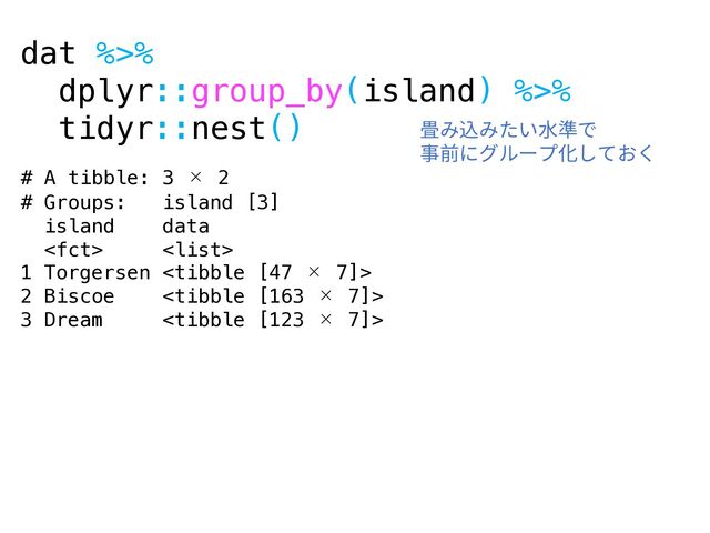 dat %>%
dplyr::group_by(island) %>%
tidyr::nest()
# A tibble: 3 × 2
# Groups: island [3]
island data
 
1 Torgersen 
2 Biscoe 
3 Dream 
畳み込みたい⽔準で
事前にグループ化しておく
