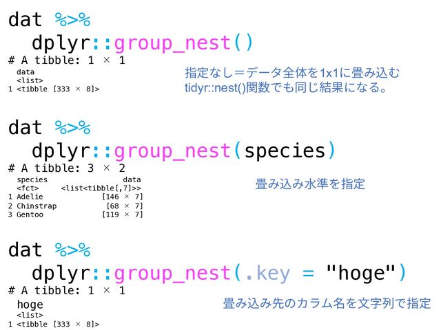 dat %>%
dplyr::group_nest()
# A tibble: 1 × 1
data

1 
dat %>%
dplyr::group_nest(species)
# A tibble: 3 × 2
species data
 >
1 Adelie [146 × 7]
2 Chinstrap [68 × 7]
3 Gentoo [119 × 7]
dat %>%
dplyr::group_nest(.key = "hoge")
# A tibble: 1 × 1
hoge

1 
指定なし＝データ全体を1x1に畳み込む
tidyr::nest()関数でも同じ結果になる。
畳み込み⽔準を指定
畳み込み先のカラム名を⽂字列で指定

