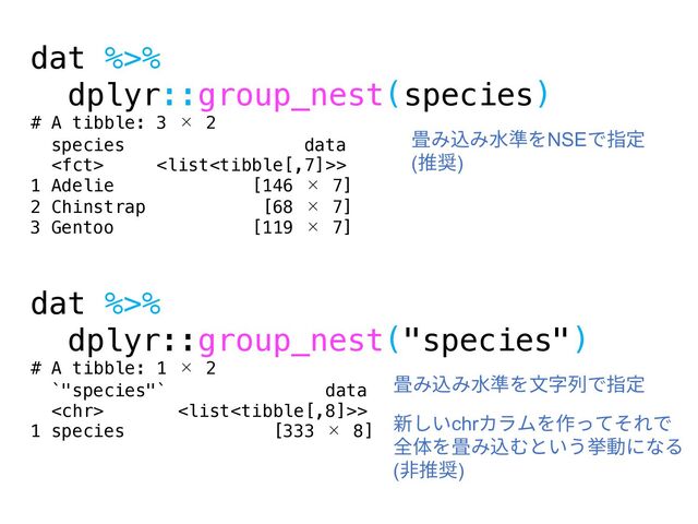 dat %>%
dplyr::group_nest(species)
# A tibble: 3 × 2
species data
 >
1 Adelie [146 × 7]
2 Chinstrap [68 × 7]
3 Gentoo [119 × 7]
dat %>%
dplyr::group_nest("species")
# A tibble: 1 × 2
`"species"` data
 >
1 species [333 × 8]
畳み込み⽔準を⽂字列で指定
新しいchrカラムを作ってそれで
全体を畳み込むという挙動になる
(⾮推奨)
畳み込み⽔準をNSEで指定
(推奨)
