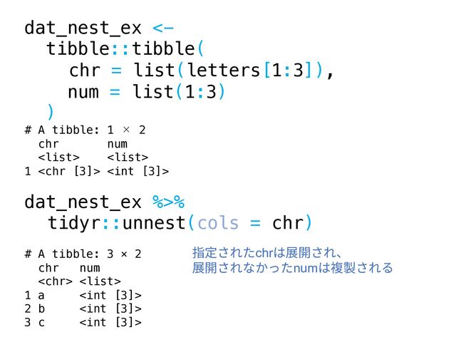 dat_nest_ex <-
tibble::tibble(
chr = list(letters[1:3]),
num = list(1:3)
)
# A tibble: 1 × 2
chr num
 
1  
dat_nest_ex %>%
tidyr::unnest(cols = chr)
# A tibble: 3 × 2
chr num
 
1 a 
2 b 
3 c 
指定されたchrは展開され、
展開されなかったnumは複製される
