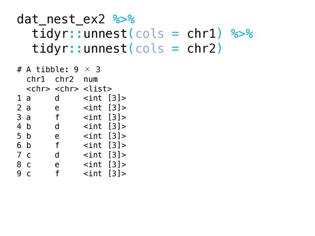 dat_nest_ex2 %>%
tidyr::unnest(cols = chr1) %>%
tidyr::unnest(cols = chr2)
# A tibble: 9 × 3
chr1 chr2 num
  
1 a d 
2 a e 
3 a f 
4 b d 
5 b e 
6 b f 
7 c d 
8 c e 
9 c f 
