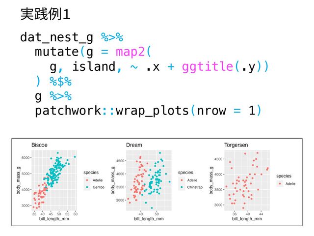 dat_nest_g %>%
mutate(g = map2(
g, island, ~ .x + ggtitle(.y))
) %$%
g %>%
patchwork::wrap_plots(nrow = 1)
実践例1

