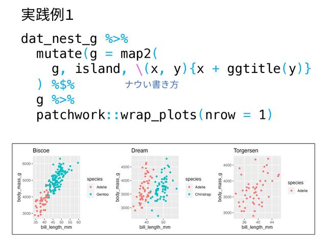 dat_nest_g %>%
mutate(g = map2(
g, island, ∖(x, y){x + ggtitle(y)}
) %$%
g %>%
patchwork::wrap_plots(nrow = 1)
実践例1
ナウい書き⽅
