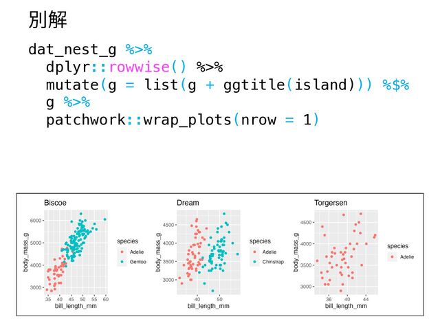 dat_nest_g %>%
dplyr::rowwise() %>%
mutate(g = list(g + ggtitle(island))) %$%
g %>%
patchwork::wrap_plots(nrow = 1)
別解
