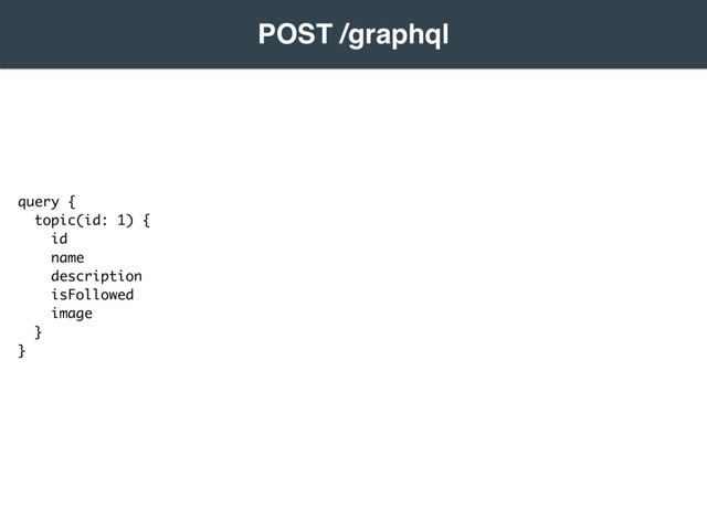  
query {
topic(id: 1) {
id
name
description
isFollowed
image
}
}
POST /graphql
