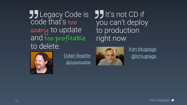 Ken Mugrage
@kmugrage
Legacy Code is
code that’s too
scary to update
and too profitable
to delete.
It‘s not CD if
you can‘t deploy
to production
right now
Dylan Beattie
@dylanbeattie
Slides by @arghrich
14
