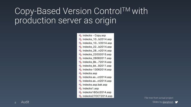 Slides by @arghrich
Copy-Based Version ControlTM with
production server as origin
8 Audit
File tree from actual project
