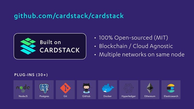 • 100% Open-sourced (MIT)
• Blockchain / Cloud Agnostic
• Multiple networks on same node
CARDSTACK
Built on
github.com/cardstack/cardstack
Git Hyperledger Ethereum Elasticsearch
Postgres Docker
GitHub
NodeJS
PLUG-INS (30+)
