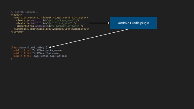 // search_item.xml







Android Gradle plugin
class SearchItemBinding {
public final TextView packageName;
public final TextView className;
public final ImageButton moreOptions;
}A
