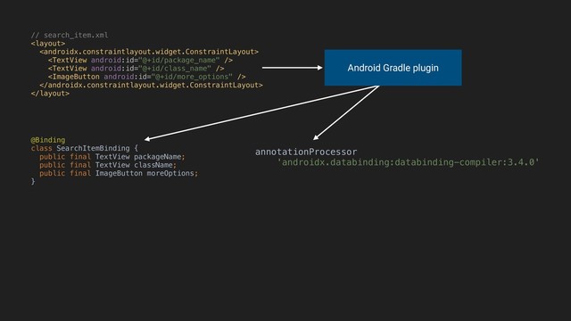 // search_item.xml







Android Gradle plugin
annotationProcessor
'androidx.databinding:databinding-compiler:3.4.0'
@Binding
class SearchItemBinding {
public final TextView packageName;
public final TextView className;
public final ImageButton moreOptions;
}A
