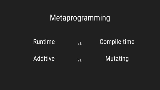 Metaprogramming
Runtime Compile-time
vs.
Additive Mutating
vs.
