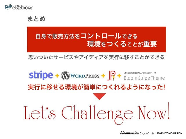 &
·ͱΊ
ࣗ਎Ͱൢചํ๏ΛίϯτϩʔϧͰ͖Δ
؀ڥΛͭ͘Δ͜ͱ͕ॏཁ
ࢥ͍͍ͭͨαʔϏε΍ΞΠσΟΞΛ࣮ߦʹҠ͢͜ͱ͕Ͱ͖Δ
Bloom Stripe Theme
4USJQFܾࡁઐ༻8PSE1SFTTςʔϚ
࣮ߦʹҠͤΔ؀ڥ͕؆୯ʹͭ͘ΕΔΑ͏ʹͳͬͨ
Let's Challenge Now!
