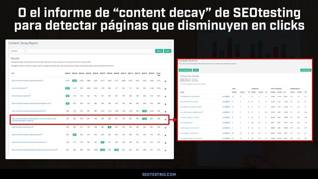 AUDITORÍAS SEO EN 2023 POR @ALEYDA DE ORAINTI
SEOTESTING. COM
O el informe de “content decay” de SEOtesting
para detectar páginas que disminuyen en clicks
