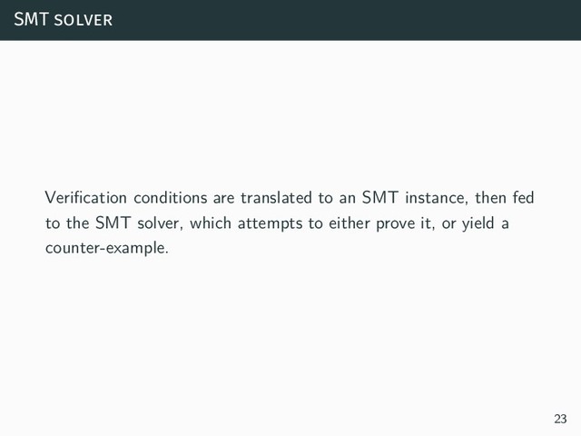 SMT solver
Verification conditions are translated to an SMT instance, then fed
to the SMT solver, which attempts to either prove it, or yield a
counter-example.
23
