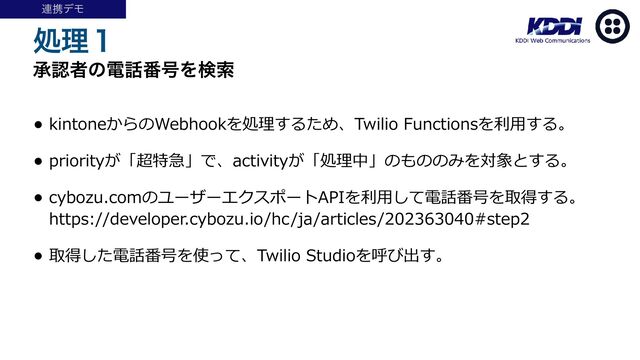 ॲཧ̍
ঝೝऀͷి࿩൪߸Λݕࡧ
• kintoneからのWebhookを処理するため、Twilio Functionsを利⽤する。


• priorityが「超特急」で、activityが「処理中」のもののみを対象とする。


• cybozu.comのユーザーエクスポートAPIを利⽤して電話番号を取得する。
 
https://developer.cybozu.io/hc/ja/articles/202363040#step2


• 取得した電話番号を使って、Twilio Studioを呼び出す。
࿈ܞσϞ
