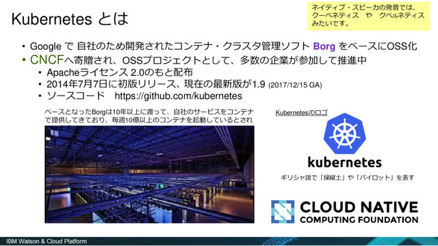 Kubernetes とは
• Google で 自社のため開発されたコンテナ・クラスタ管理ソフト Borg をベースにOSS化
• CNCFへ寄贈され、OSSプロジェクトとして、多数の企業が参加して推進中
• Apacheライセンス 2.0のもと配布
• 2014年7月7日に初版リリース､ 現在の最新版が1.9 (2017/12/15 GA)
• ソースコード https://github.com/kubernetes
ベースとなったBorgは10年以上に渡って、自社のサービスをコンテナ
で提供してきており、毎週10億以上のコンテナを起動しているとされ
ています。
ギリシャ語で「操縦士」や「パイロット」を表す
Kubernetesのロゴ
ネイティブ・スピーカの発音では、
クーベネティス や クベルネティス
みたいです。
