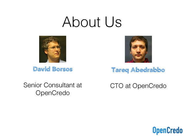 About Us
David Borsos
Senior Consultant at
OpenCredo
Tareq Abedrabbo
CTO at OpenCredo
