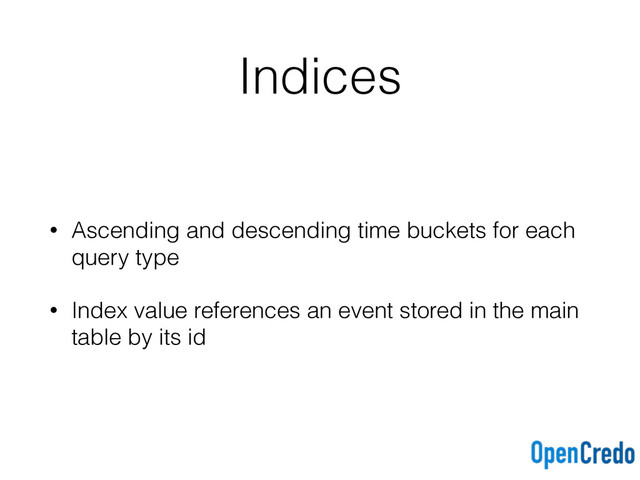 Indices
• Ascending and descending time buckets for each
query type
• Index value references an event stored in the main
table by its id
