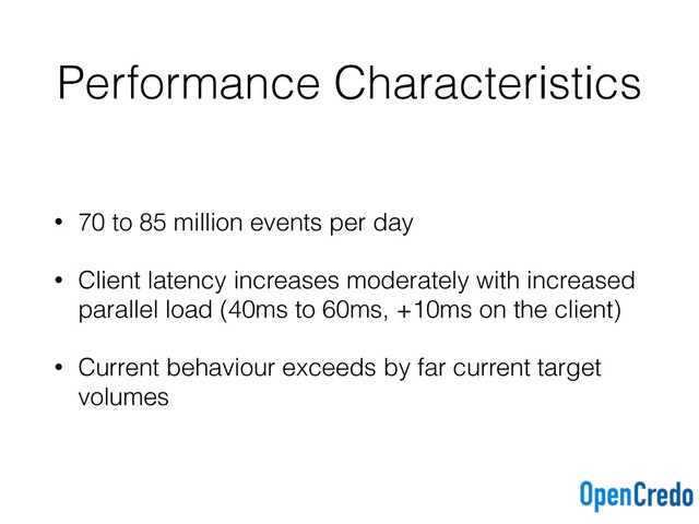 Performance Characteristics
• 70 to 85 million events per day
• Client latency increases moderately with increased
parallel load (40ms to 60ms, +10ms on the client)
• Current behaviour exceeds by far current target
volumes
