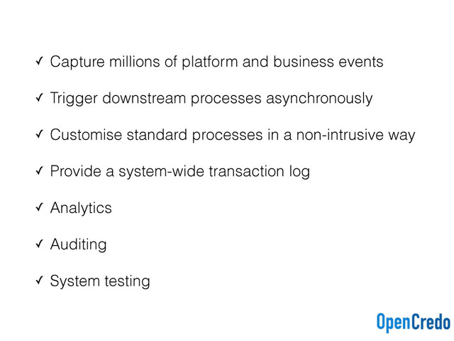 ✓ Capture millions of platform and business events
✓ Trigger downstream processes asynchronously
✓ Customise standard processes in a non-intrusive way
✓ Provide a system-wide transaction log
✓ Analytics
✓ Auditing
✓ System testing
