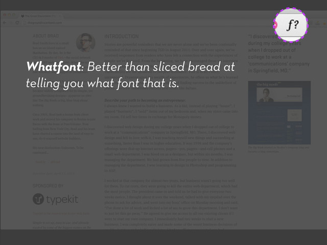 Whatfont: Better than sliced bread at
telling you what font that is.
