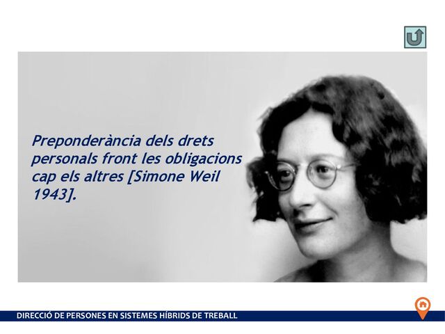 DIRECCIÓ DE PERSONES EN SISTEMES HÍBRIDS DE TREBALL
Preponderància dels drets
personals front les obligacions
cap els altres [Simone Weil
1943].
