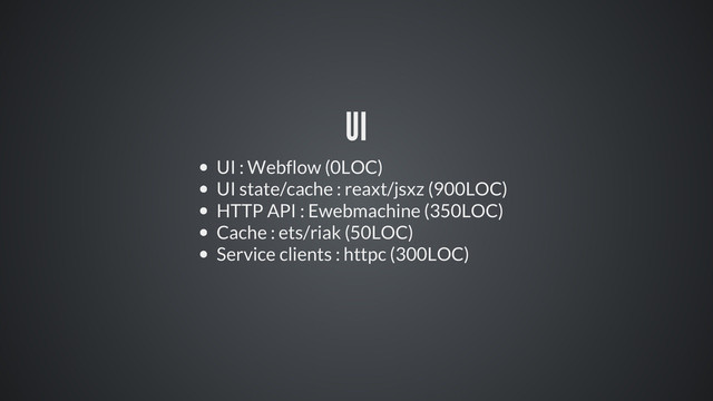 UI
UI : Webflow (0LOC)
UI state/cache : reaxt/jsxz (900LOC)
HTTP API : Ewebmachine (350LOC)
Cache : ets/riak (50LOC)
Service clients : httpc (300LOC)
