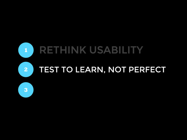 RETHINK USABILITY
1
2
3
TEST TO LEARN, NOT PERFECT
