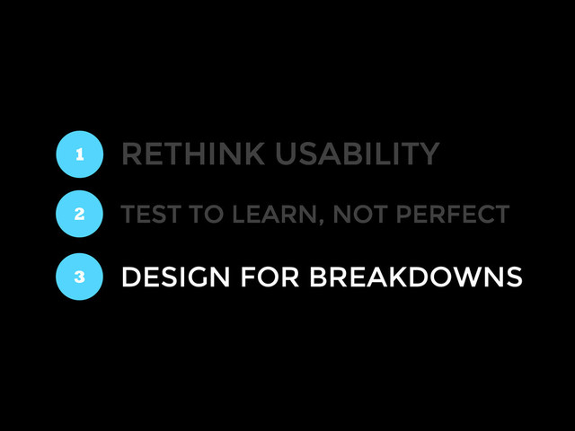 RETHINK USABILITY
1
2
3
TEST TO LEARN, NOT PERFECT
DESIGN FOR BREAKDOWNS
