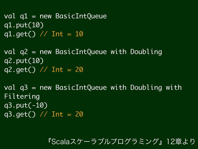 val q1 = new BasicIntQueue
q1.put(10)
q1.get() // Int = 10
!
val q2 = new BasicIntQueue with Doubling
q2.put(10)
q2.get() // Int = 20
!
val q3 = new BasicIntQueue with Doubling with
Filtering
q3.put(-10)
q3.get() // Int = 20
ʰ4DBMBεέʔϥϒϧϓϩάϥϛϯάʱষΑΓ
