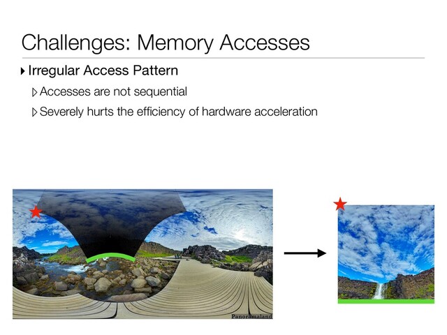 Challenges: Memory Accesses
▸ Irregular Access Pattern
▹Accesses are not sequential
▹Severely hurts the efﬁciency of hardware acceleration
