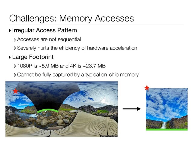 Challenges: Memory Accesses
▸ Irregular Access Pattern
▹Accesses are not sequential
▹Severely hurts the efﬁciency of hardware acceleration
▸ Large Footprint
▹1080P is ~5.9 MB and 4K is ~23.7 MB
▹Cannot be fully captured by a typical on-chip memory
