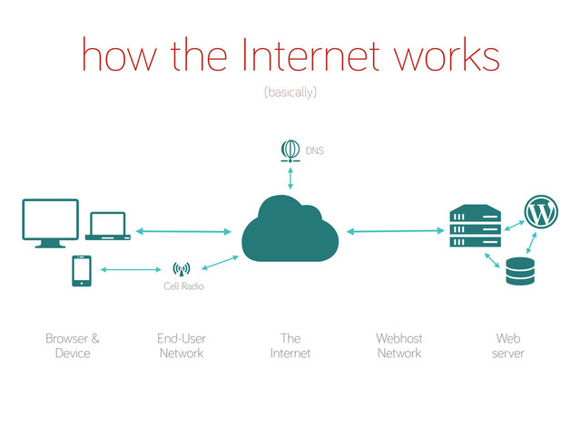Browser &
Device
The
Internet
how the Internet works
(basically)
End-User
Network
Webhost
Network
Web
server
Cell Radio
DNS
