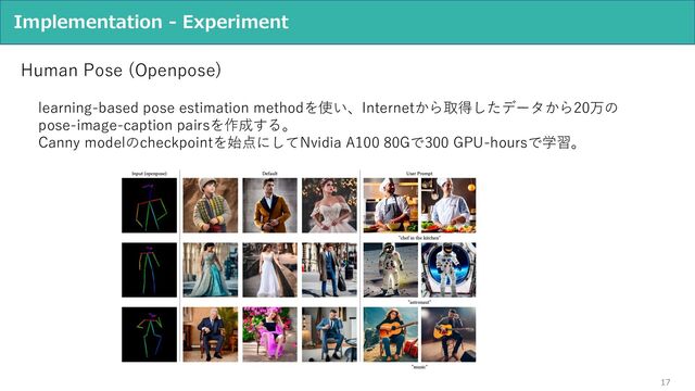 17
Implementation - Experiment
Human Pose (Openpose)
learning-based pose estimation methodを使い、Internetから取得したデータから20万の
pose-image-caption pairsを作成する。
Canny modelのcheckpointを始点にしてNvidia A100 80Gで300 GPU-hoursで学習。
