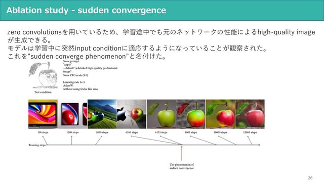 26
Ablation study - sudden convergence
zero convolutionsを⽤いているため、学習途中でも元のネットワークの性能によるhigh-quality image
が⽣成できる。
モデルは学習中に突然input conditionに適応するようになっていることが観察された。
これを”sudden converge phenomenon”と名付けた。

