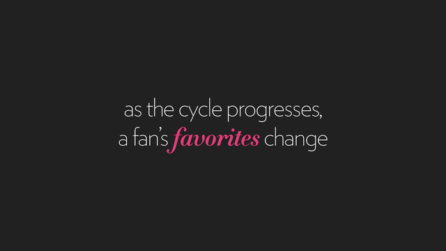 as the cycle progresses,
a fan’s favorites change
