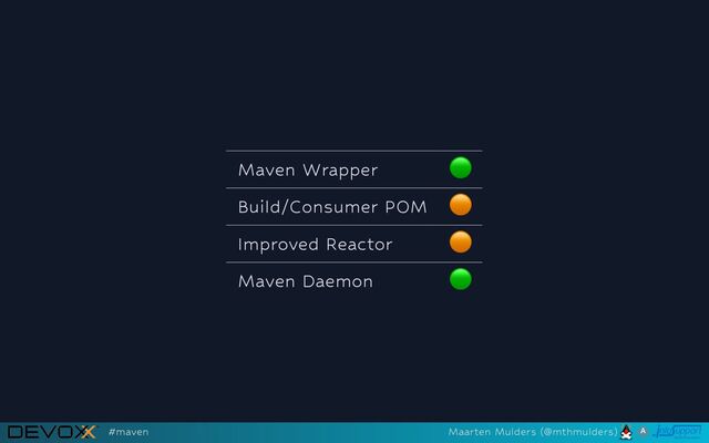 Maven Wrapper
🟢
Build/Consumer POM
🟠
Improved Reactor
🟠
Maven Daemon
🟢
#maven Maarten Mulders (@mthmulders)
