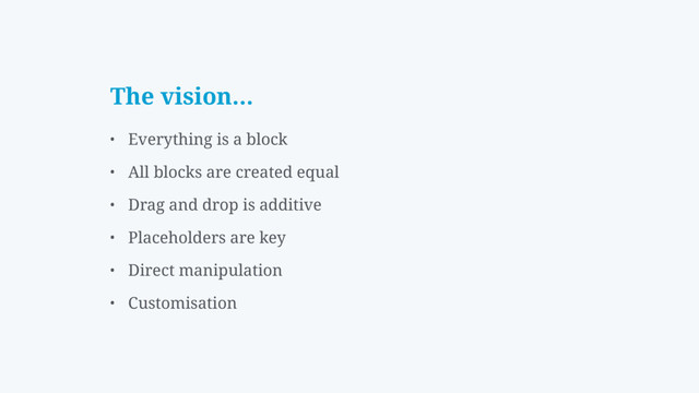The vision…
• Everything is a block
• All blocks are created equal
• Drag and drop is additive
• Placeholders are key
• Direct manipulation
• Customisation
