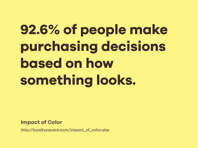 http://loyaltysquare.com/impact_of_color.php
92.6% of people make
purchasing decisions
based on how
something looks.
Impact of Color
